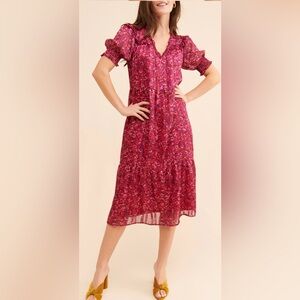 Du Paradis Anthropologie Pink Floral Midi Dress | Size S